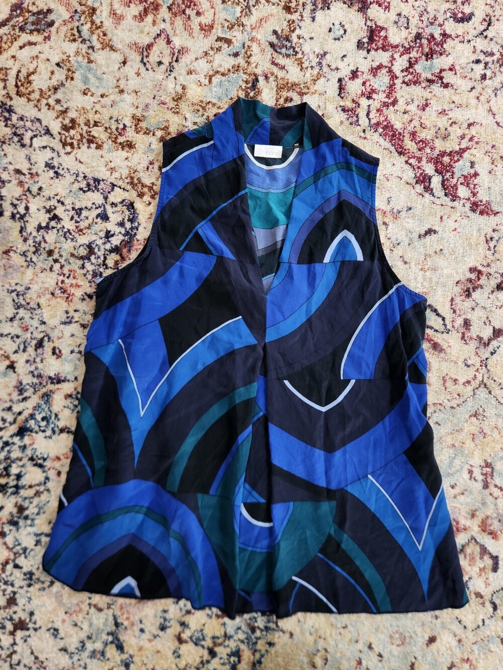 Ecru 100% Silk Blue Sleeveless Blouse Estimated Women's Size Large